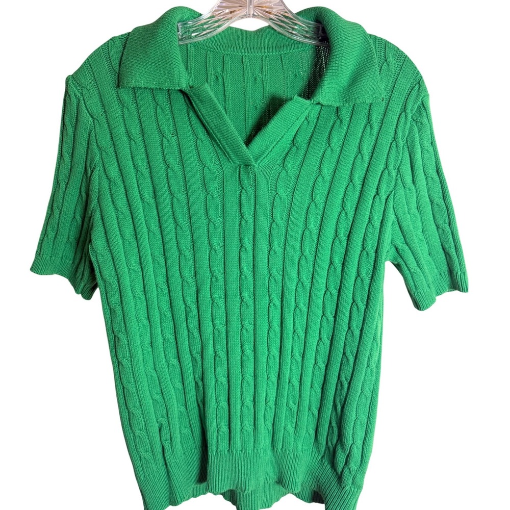 Women's Green Cable Knit Collared Sweater Top Medium Short Sleeve Preppy Golf